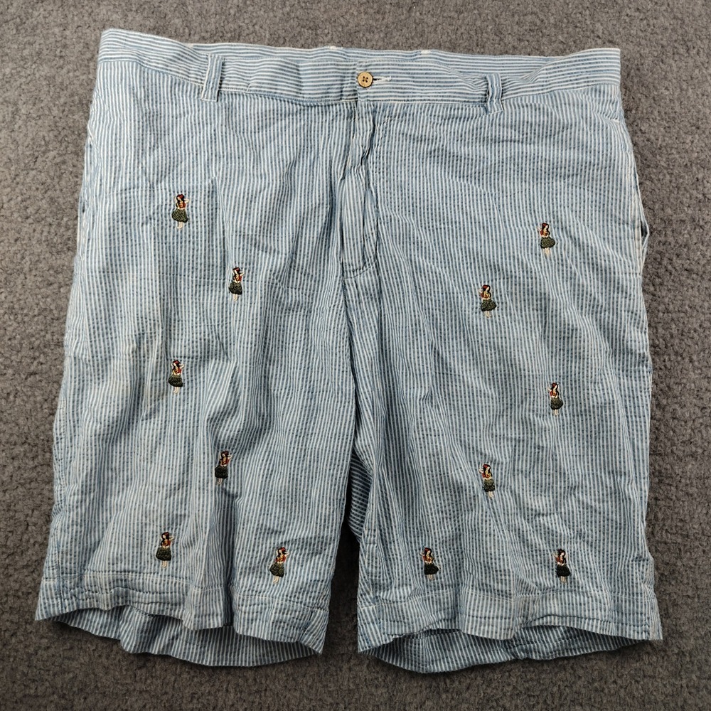 Barry Bricken Seersucker Shorts Mens 41 Hula Girl Embroidered Blue White